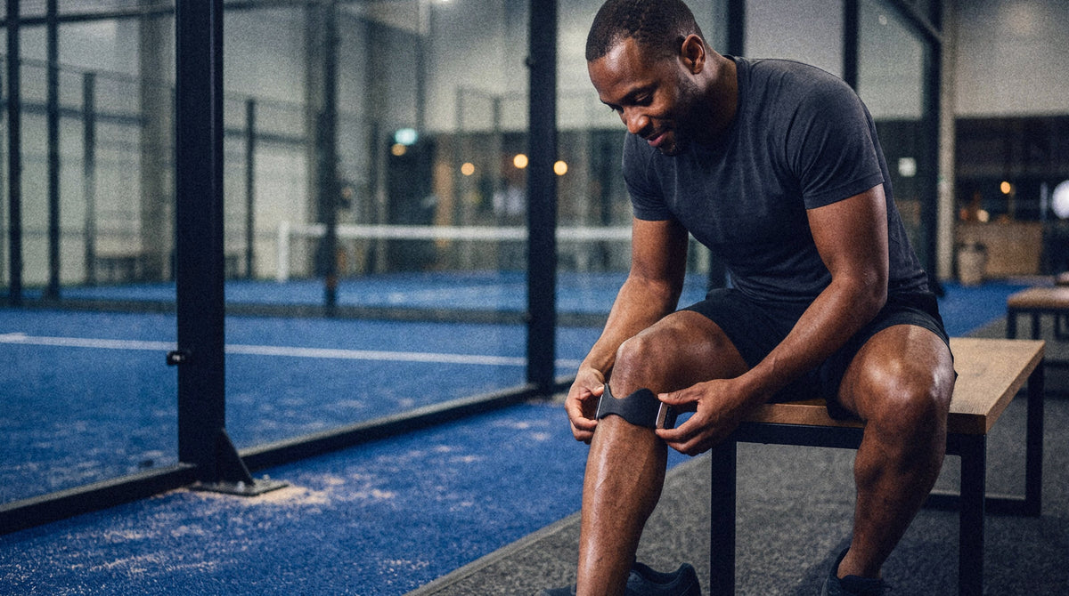 A player centring the strap's pad just below his kneecap before a game