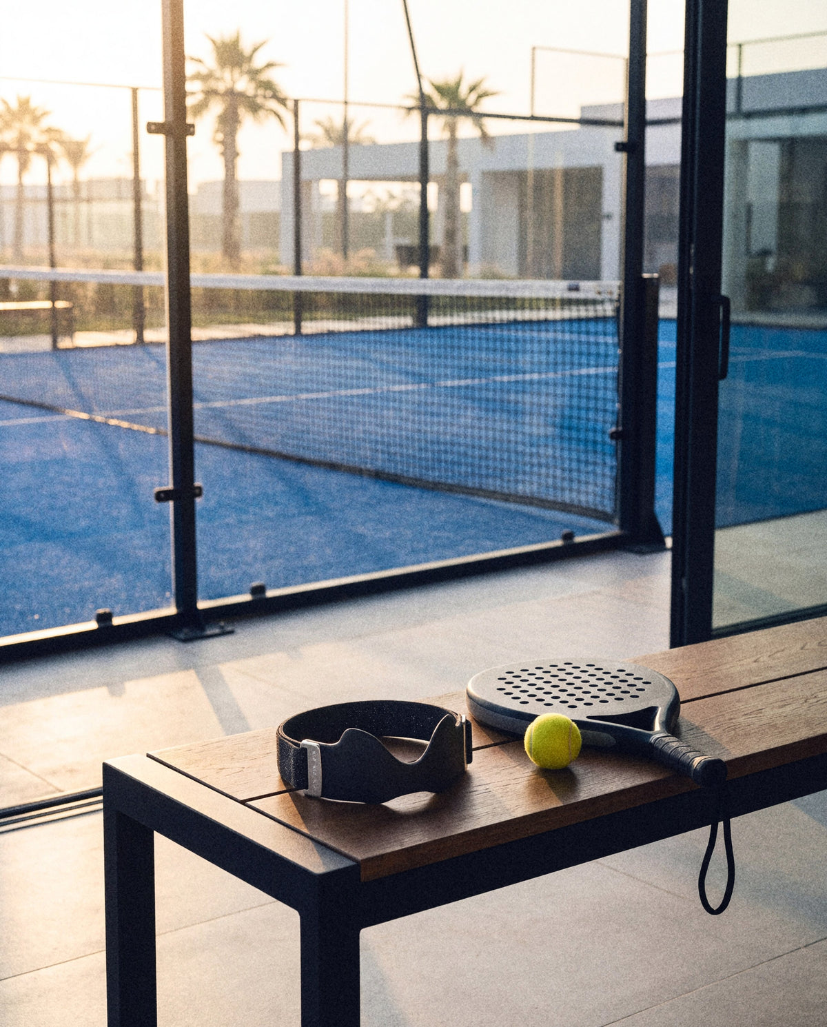 An empty padel court at sunrise with a strap, a racket and a ball on the bench