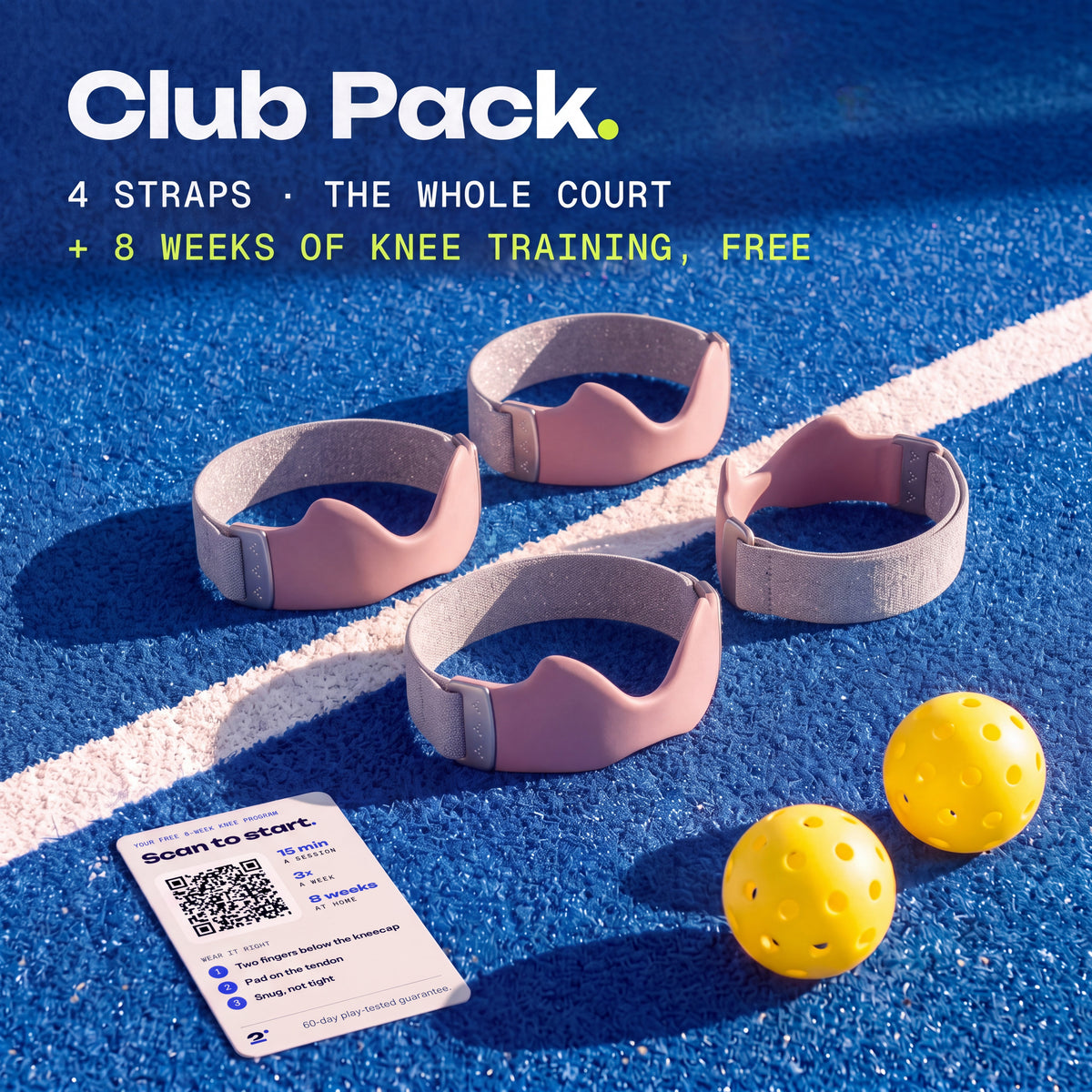 Four Blush Second Set straps on a pickleball court, with the free 8-week knee training card