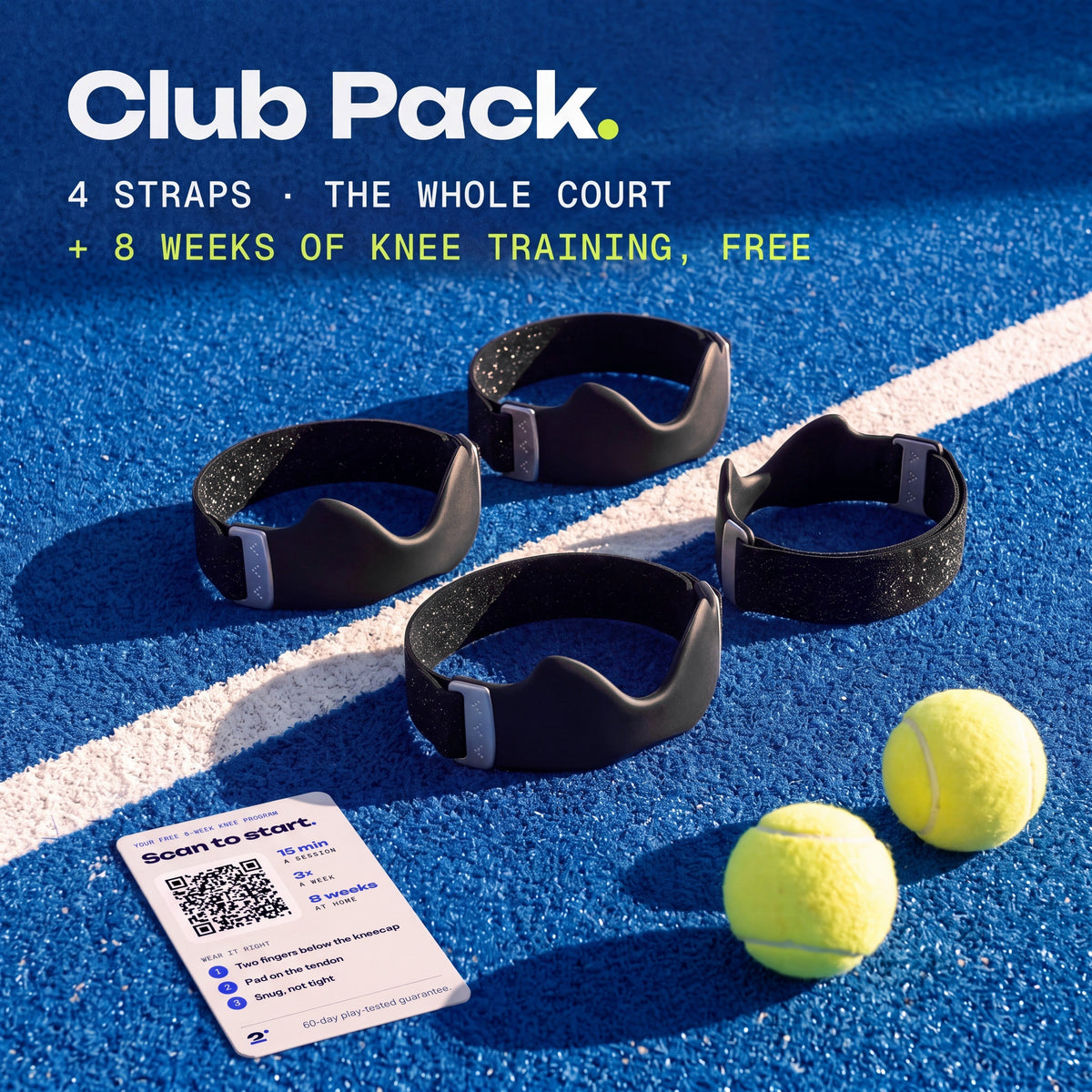 Club Pack · Ink · Padel: Four Ink Second Set straps on a padel court, with the free 8-week knee training card