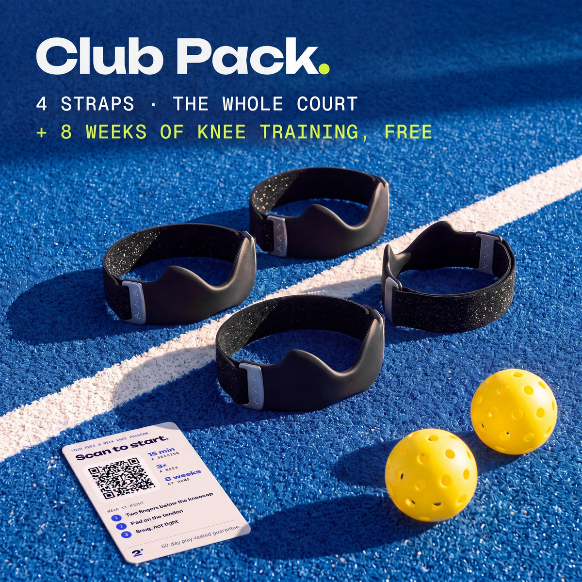 Four Ink Second Set straps on a pickleball court, with the free 8-week knee training card