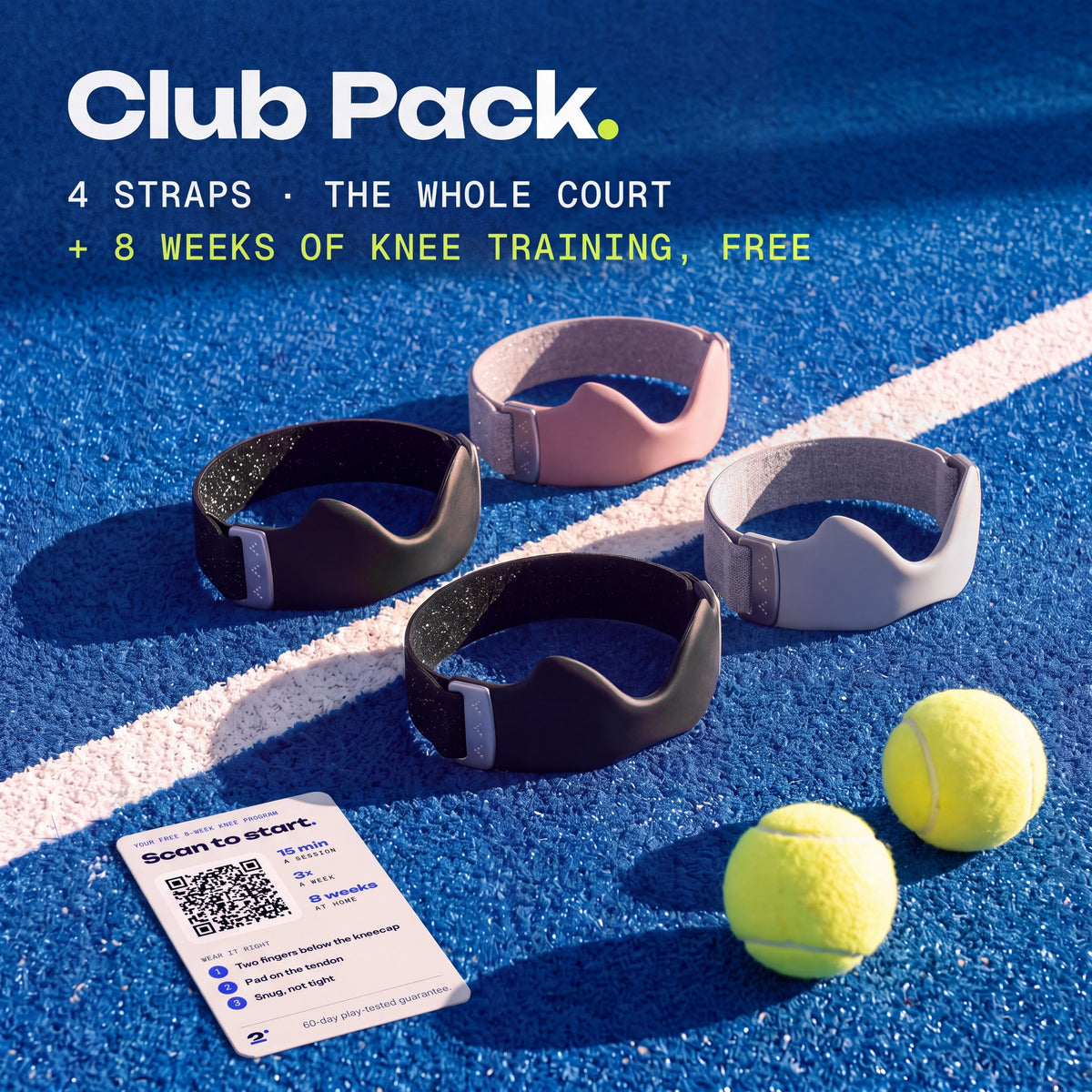 Two Ink, one Blush and one Chalk Second Set straps on a padel court, with the free 8-week knee training card