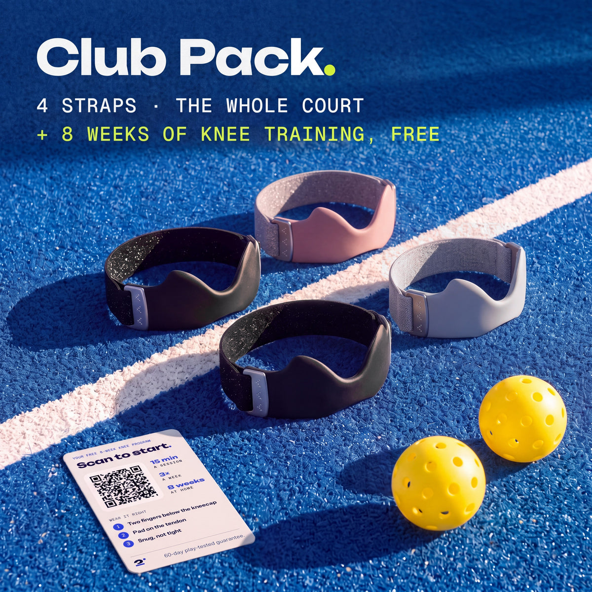 Two Ink, one Blush and one Chalk Second Set straps on a pickleball court, with the free 8-week knee training card