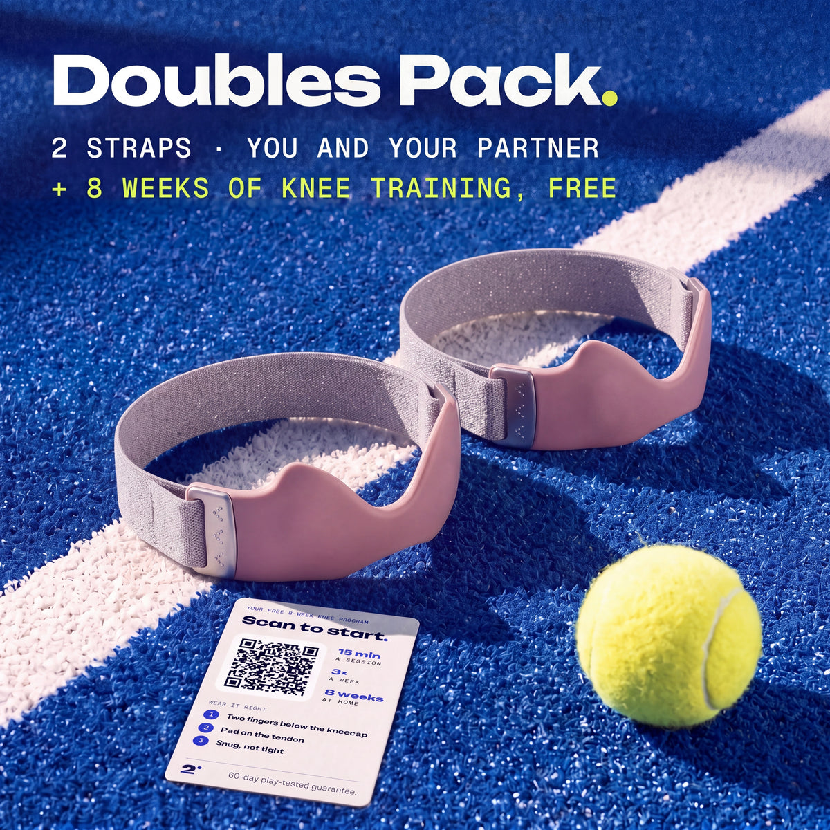 Two Blush Second Set straps on a padel court, with the free 8-week knee training card