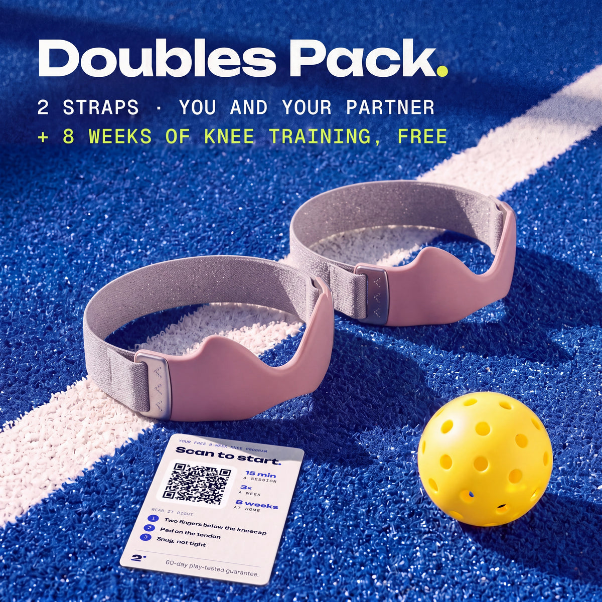 Two Blush Second Set straps on a pickleball court, with the free 8-week knee training card