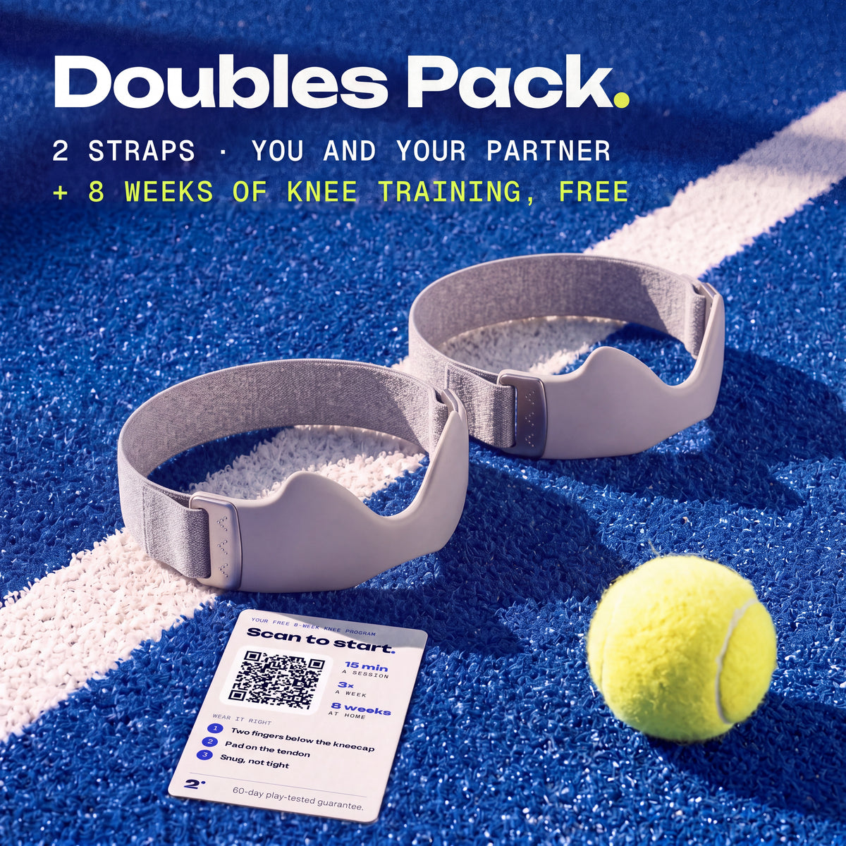 Two Chalk Second Set straps on a padel court, with the free 8-week knee training card