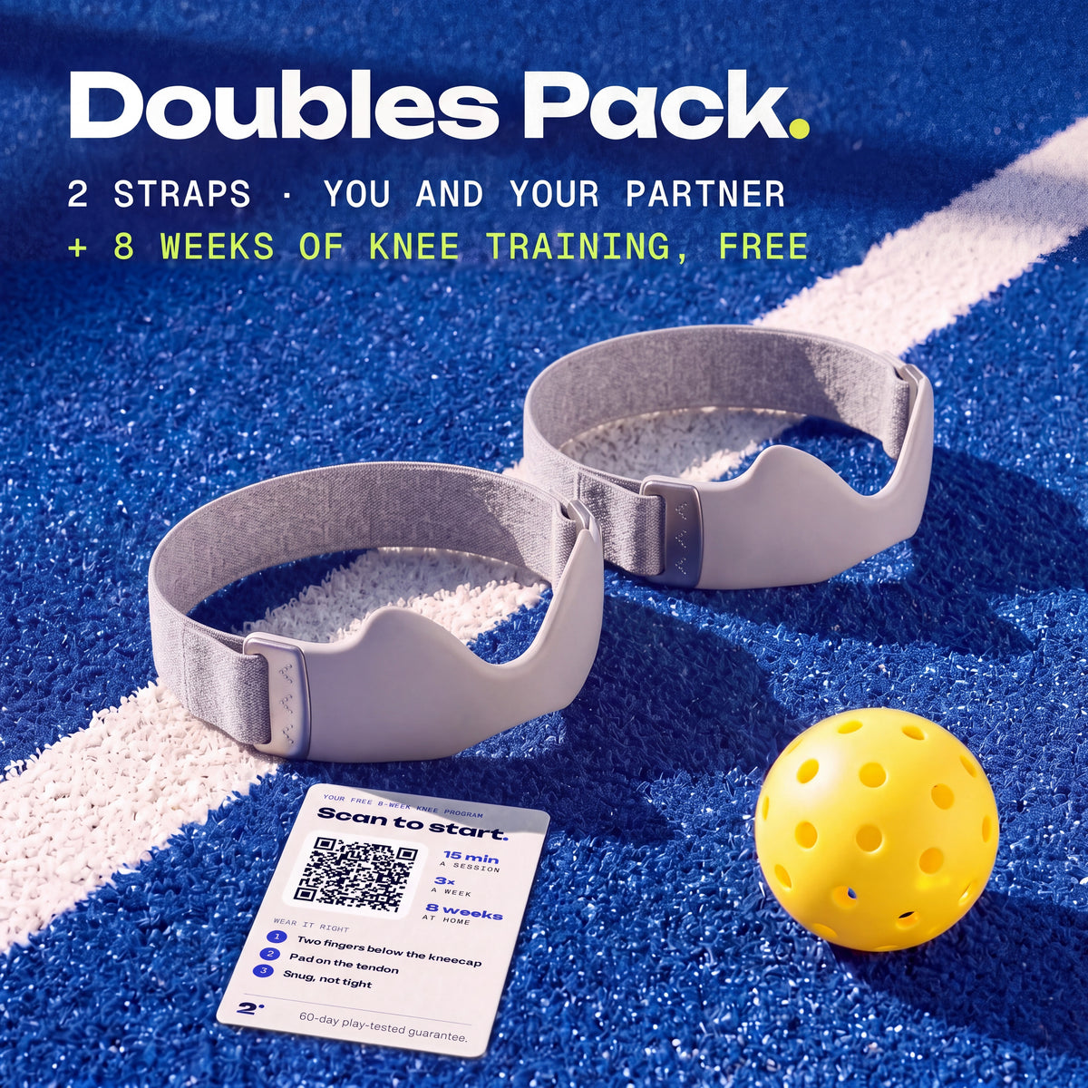 Two Chalk Second Set straps on a pickleball court, with the free 8-week knee training card