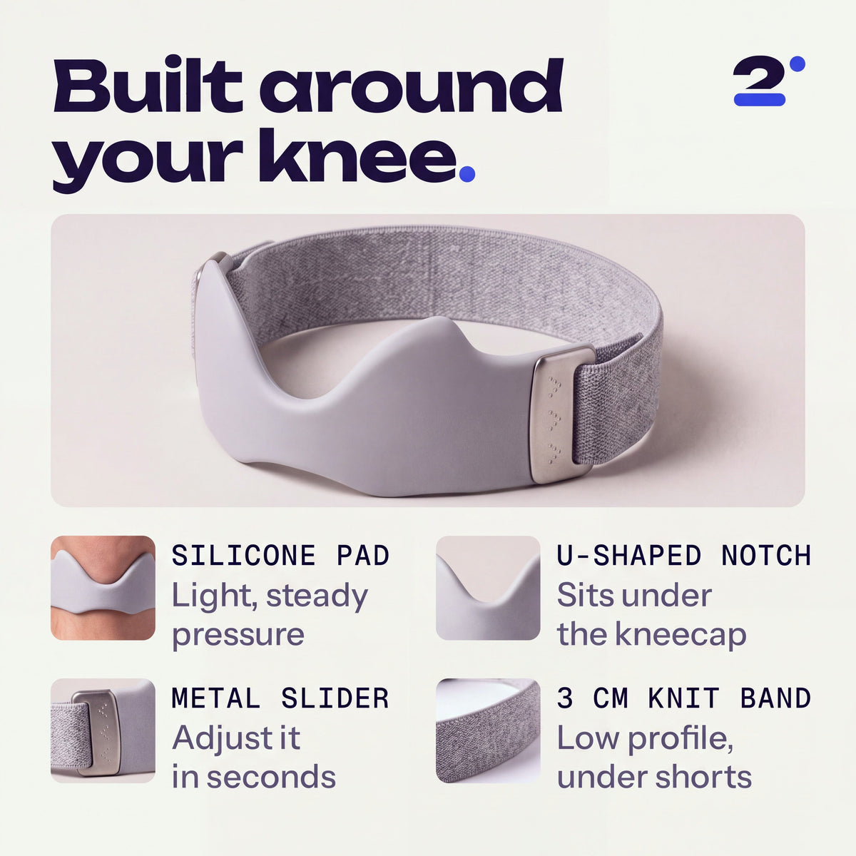 Built around your knee. The Second Set strap in Chalk, with its silicone pad, U-shaped notch, metal slider and 3 cm knit band.