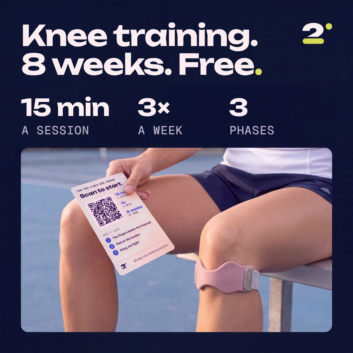 Knee training, 8 weeks, free. A player wearing the Second Set strap in Blush holds the program card: 15 minutes a session, 3 times a week, 3 phases.