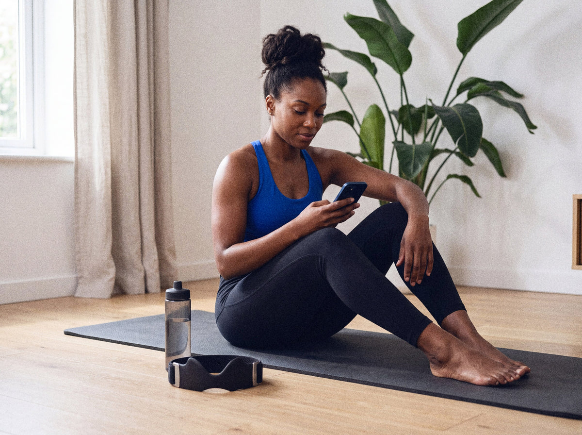 A player checking her knee routine on her phone at home, strap on the mat