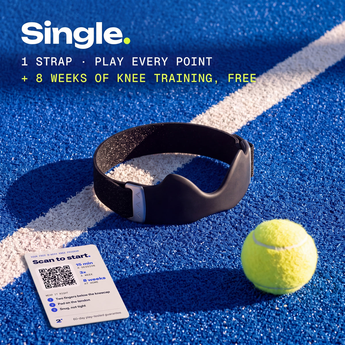 Single · Ink · Padel: One Ink Second Set strap on a padel court, with the free 8-week knee training card