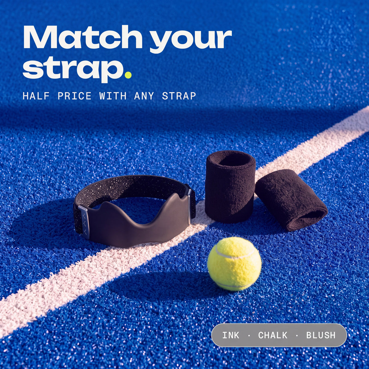 Ink sweatbands next to the Ink Second Set strap on a padel court. Match your strap. Half price with any strap.