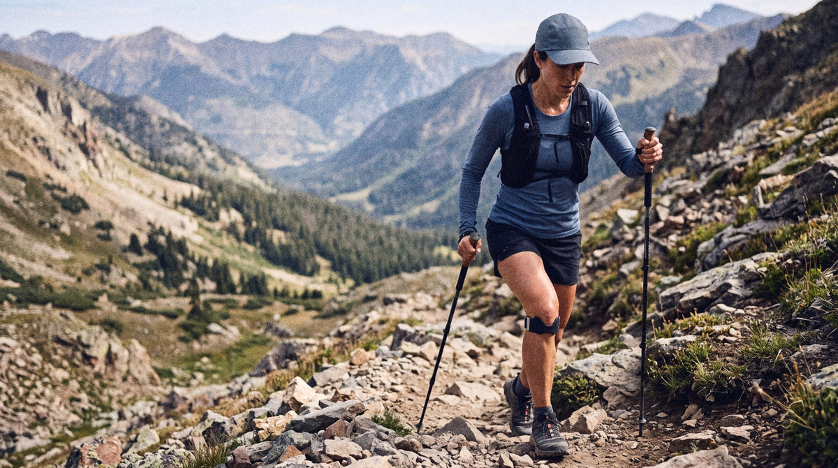A hiker stepping down a rocky alpine trail with poles, the strap below her kneecap
