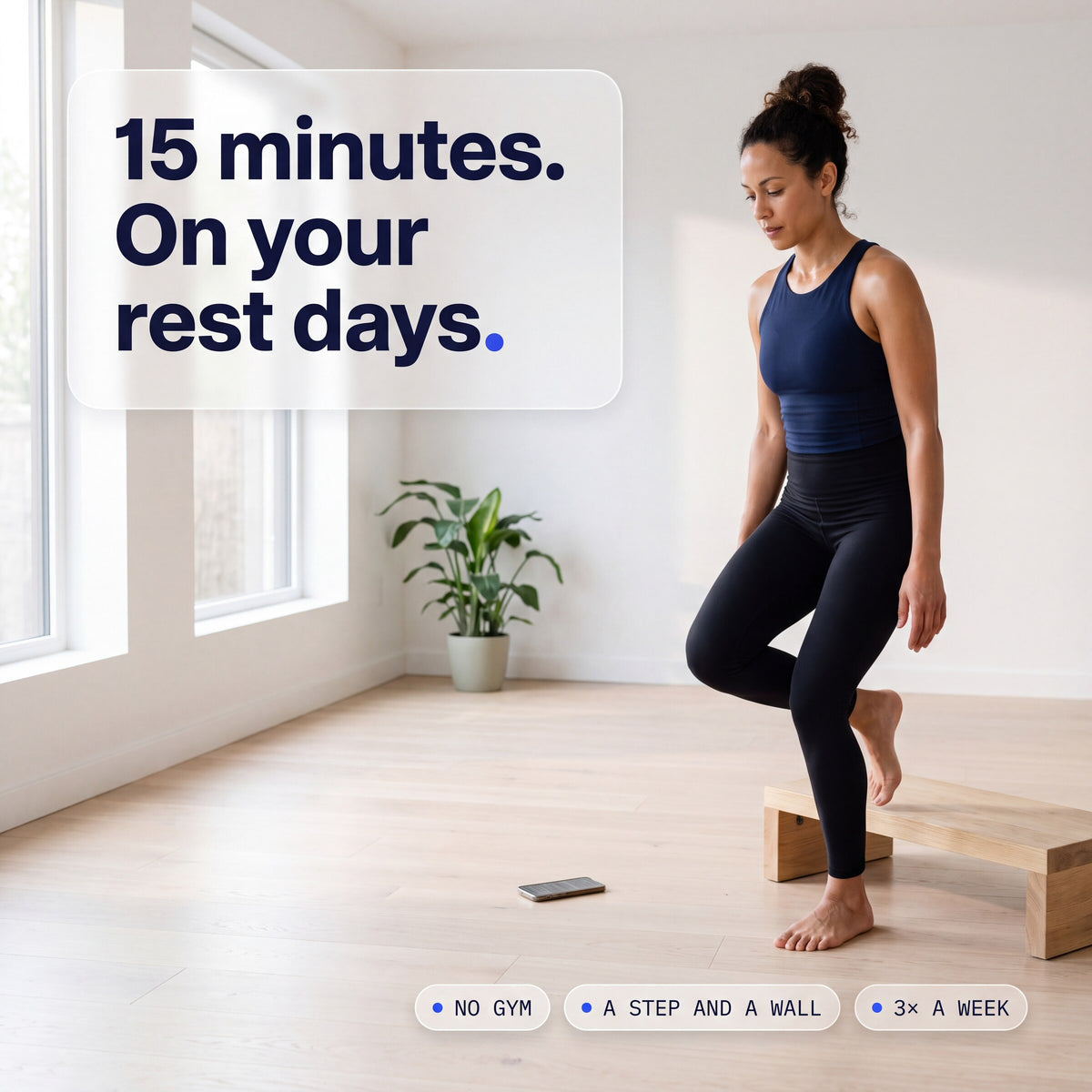 A player doing a slow step-down at home on a rest day: 15 minutes, no gym