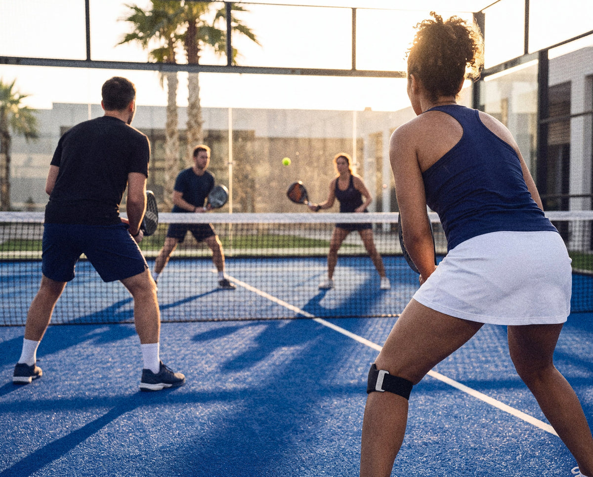 A doubles padel match at golden hour seen from knee level, the near player wearing the strap