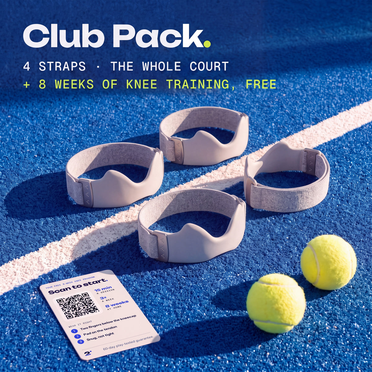 Four Chalk Second Set straps on a padel court, with the free 8-week knee training card