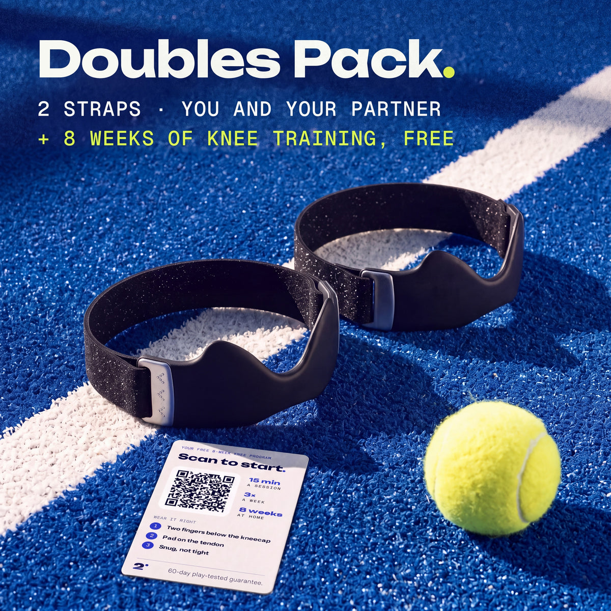 Doubles Pack · Ink · Padel: Two Ink Second Set straps on a padel court, with the free 8-week knee training card