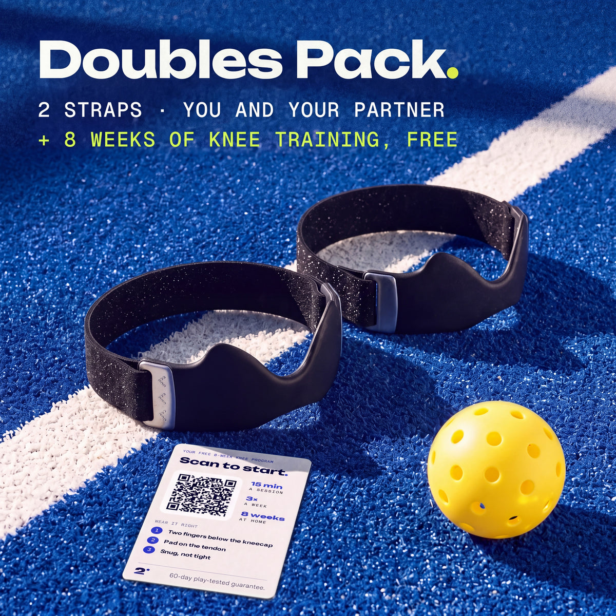 Two Ink Second Set straps on a pickleball court, with the free 8-week knee training card