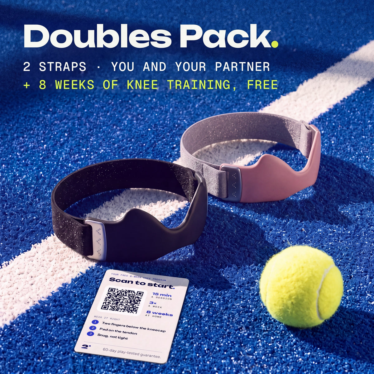 One Ink and one Blush Second Set strap on a padel court, with the free 8-week knee training card