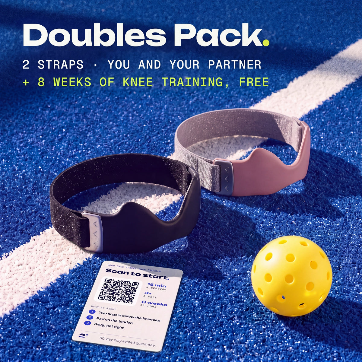One Ink and one Blush Second Set strap on a pickleball court, with the free 8-week knee training card