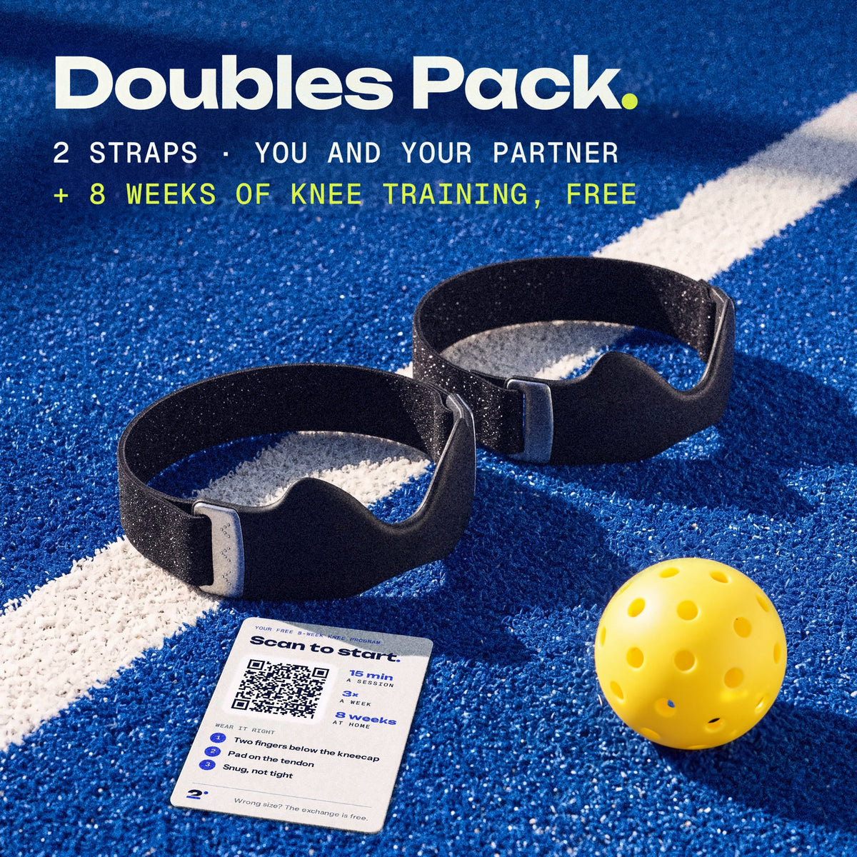 Second Set Strap, Doubles Pack: two knee straps on a blue court with a pickleball, and the 8-week knee training card