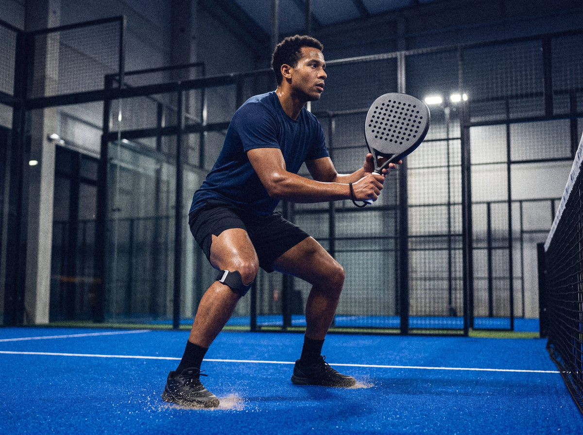 A padel player landing a split-step at the net with the strap on