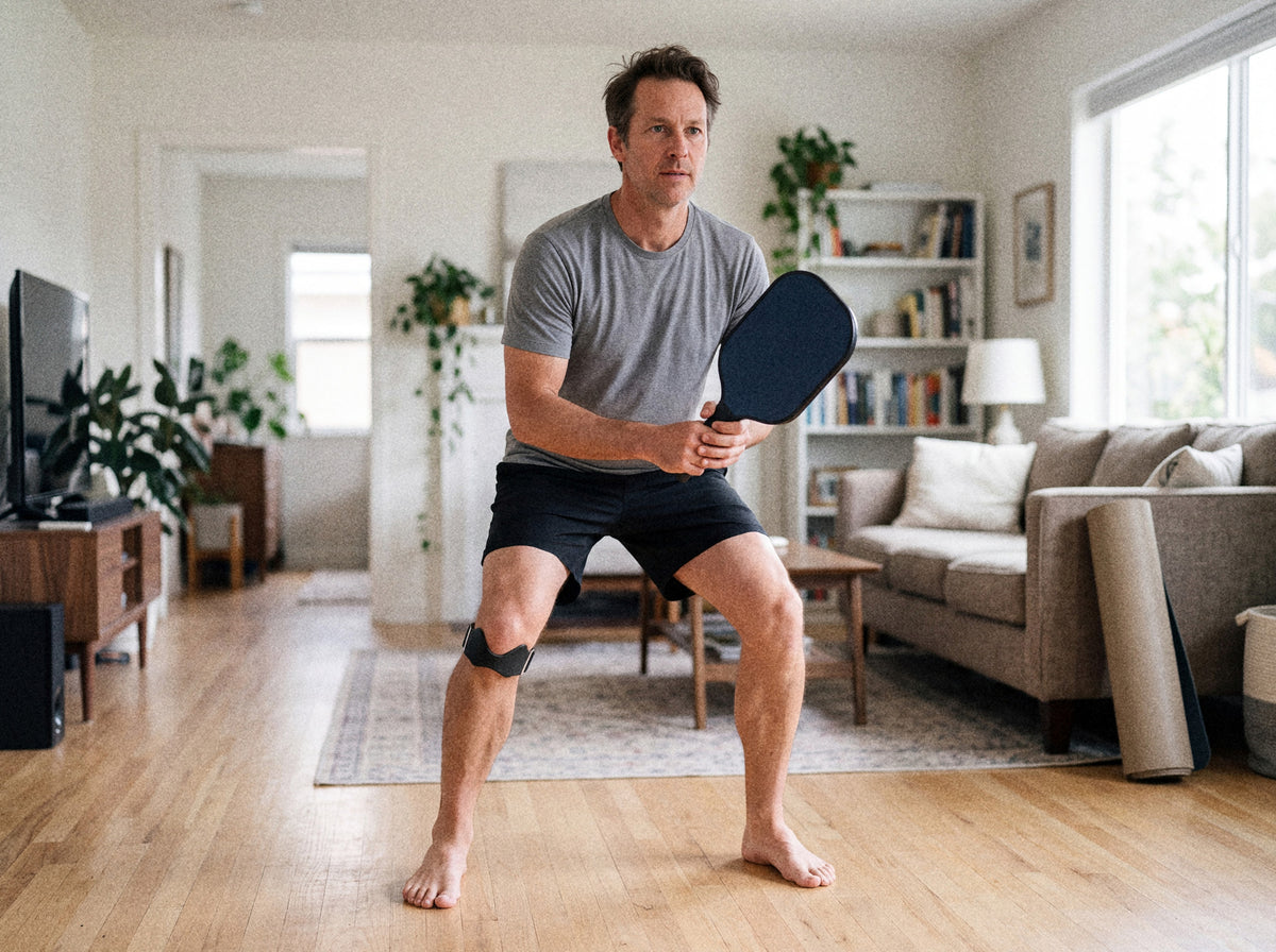 Pickleball split-step drill at home with a paddle, ready position