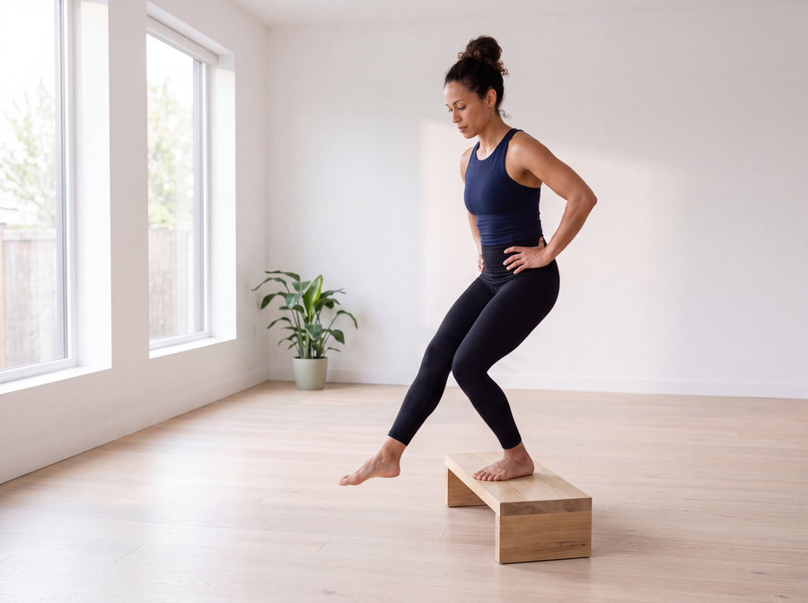 Step-down from a low step, standing knee over the foot