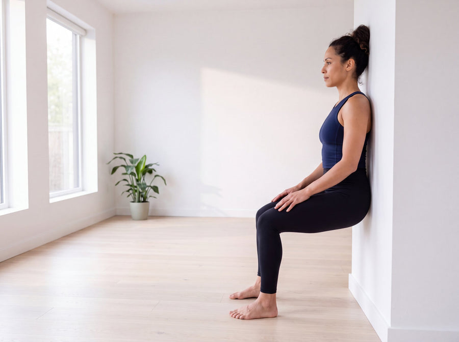 Wall sit: back flat against the wall, knees over the ankles