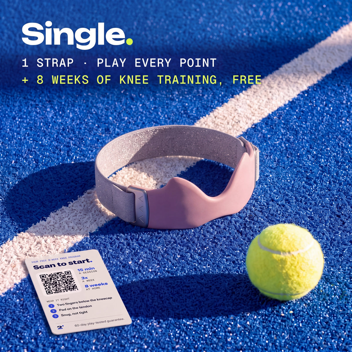 One Blush Second Set strap on a padel court, with the free 8-week knee training card