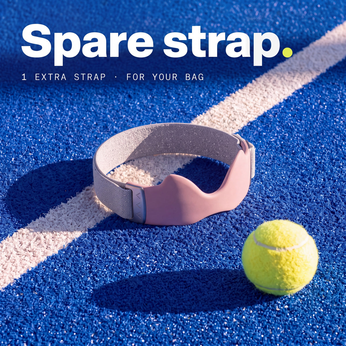 a spare Second Set strap in Blush on a padel court, one extra strap for your bag.