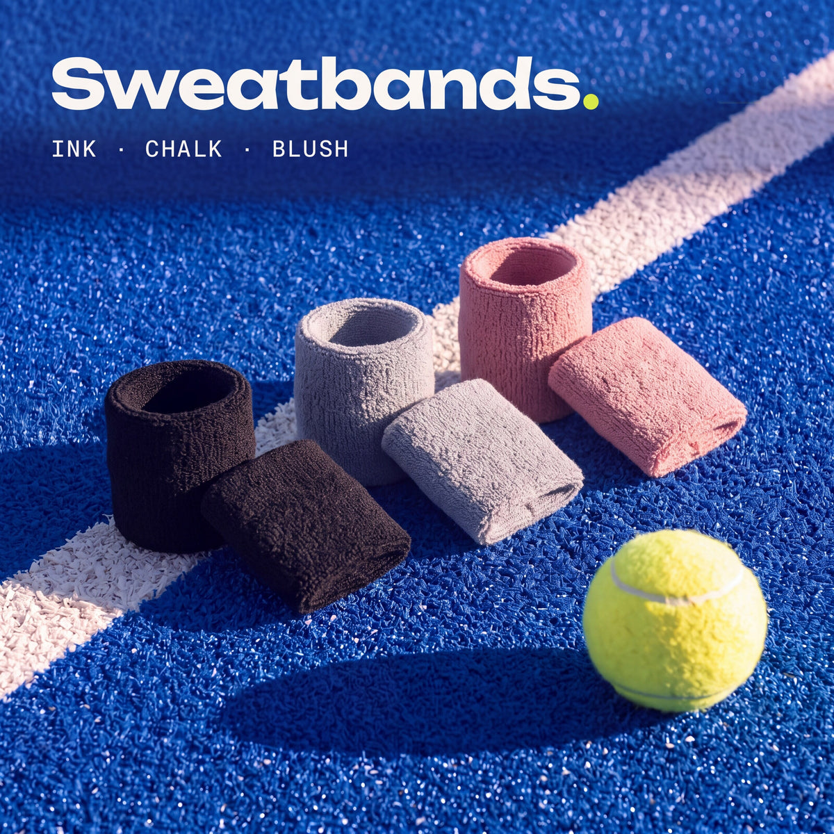 Second Set sweatbands in Ink, Chalk and Blush on a padel court: pick the colour of your strap.